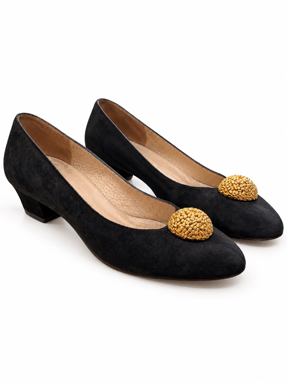 Bruno Magli Aurora Black Suede Gold Accent Low Heel Pumps 8.5 B w/ Box